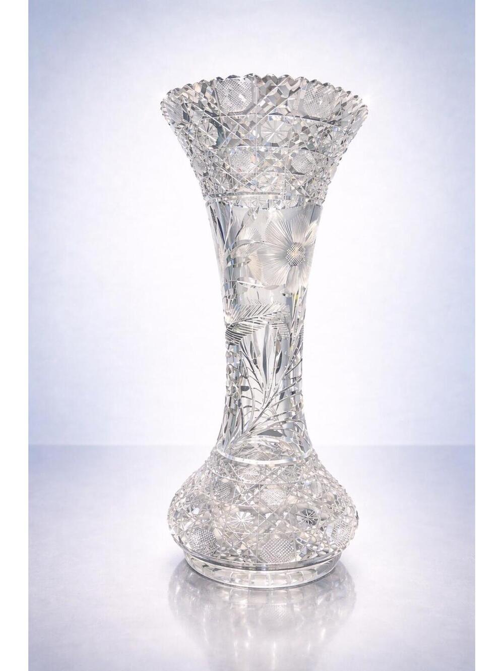 American Brilliant Period 1900s Cut Glass Corset Vase Floral Engraving, 6.5x16”